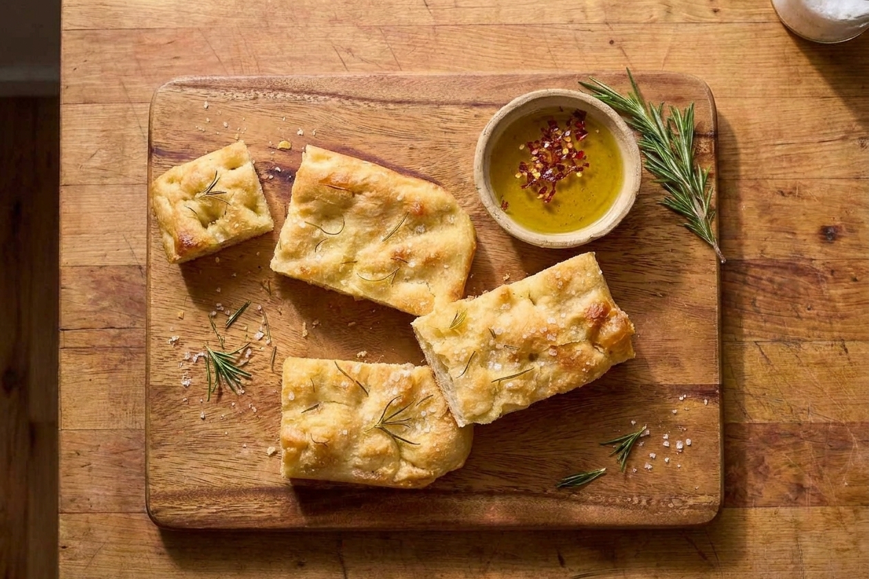 Slices of rosemary focaccia on a wooden cutting board with a small dish of olive oil for dipping on a kitchen table
