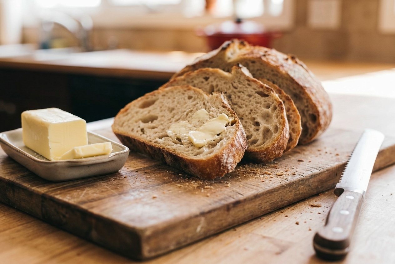 Slices of rustic bread on a wooden board with butter softening nearby and a serrated knife