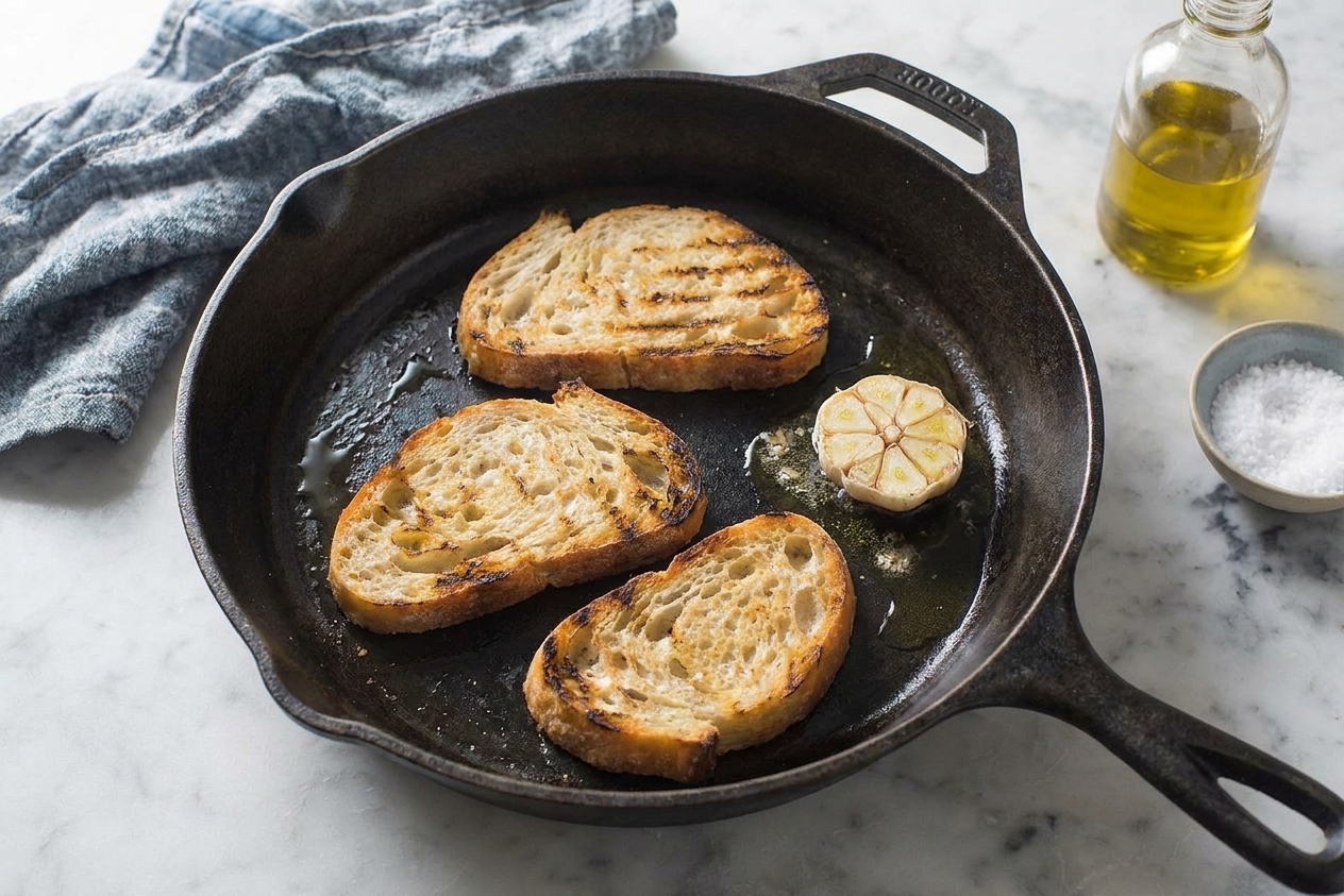 Slices of rustic bread toasting in a cast iron skillet until golden brown, with a halved garlic clove nearby