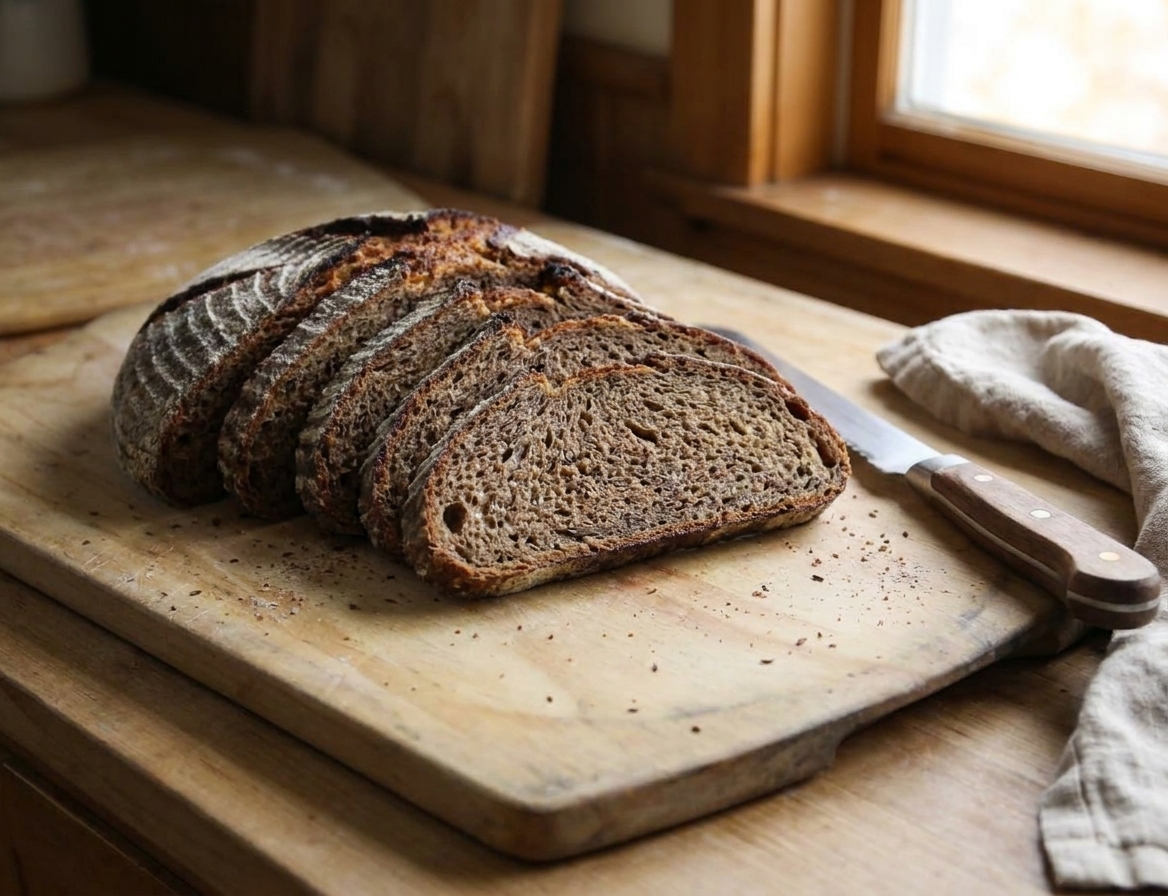Slices of rye sourdough fanned on a wooden cutting board with a bread knife nearby in soft window light