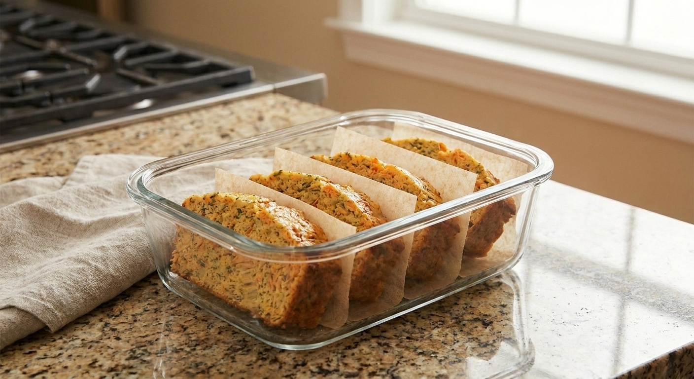 Slices of salmon loaf stored in a glass meal prep container with parchment paper between layers