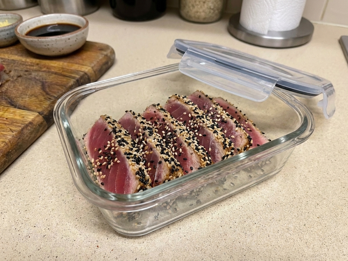 Slices of seared tuna arranged in a glass airtight container on a kitchen counter, ready to refrigerate