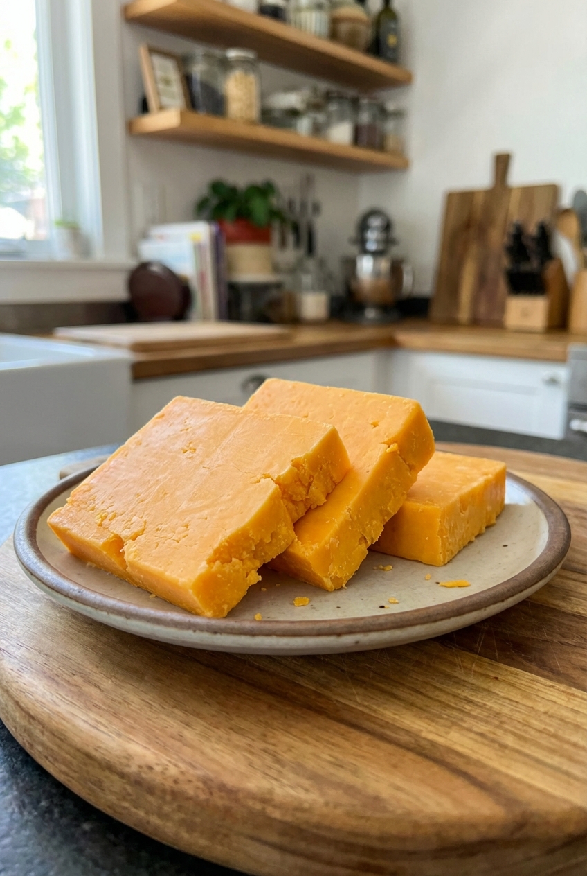 Slices of sharp cheddar cheese on a small plate