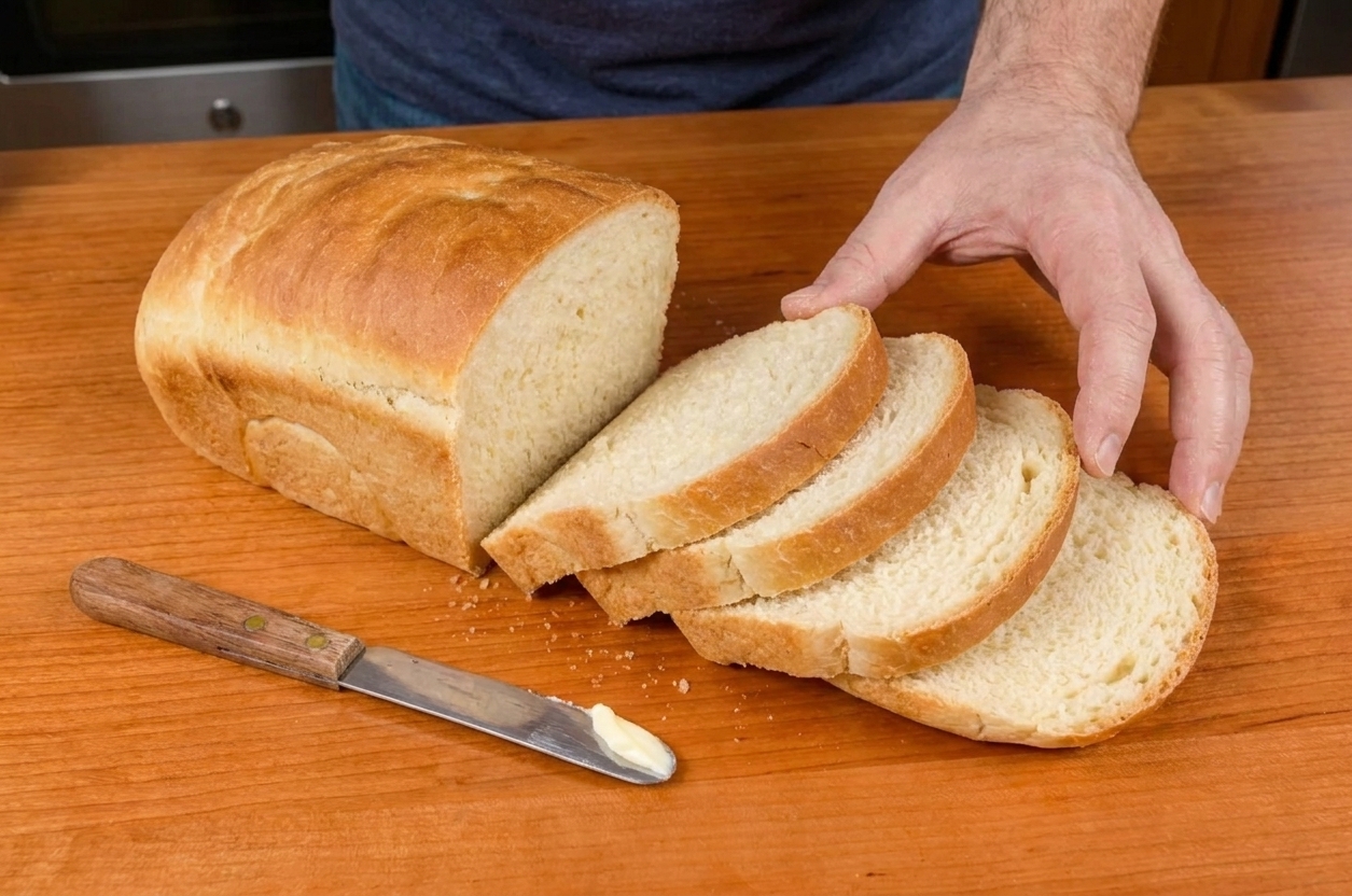 Slices of soft potato bread fanned on a wooden cutting board with a butter knife nearby