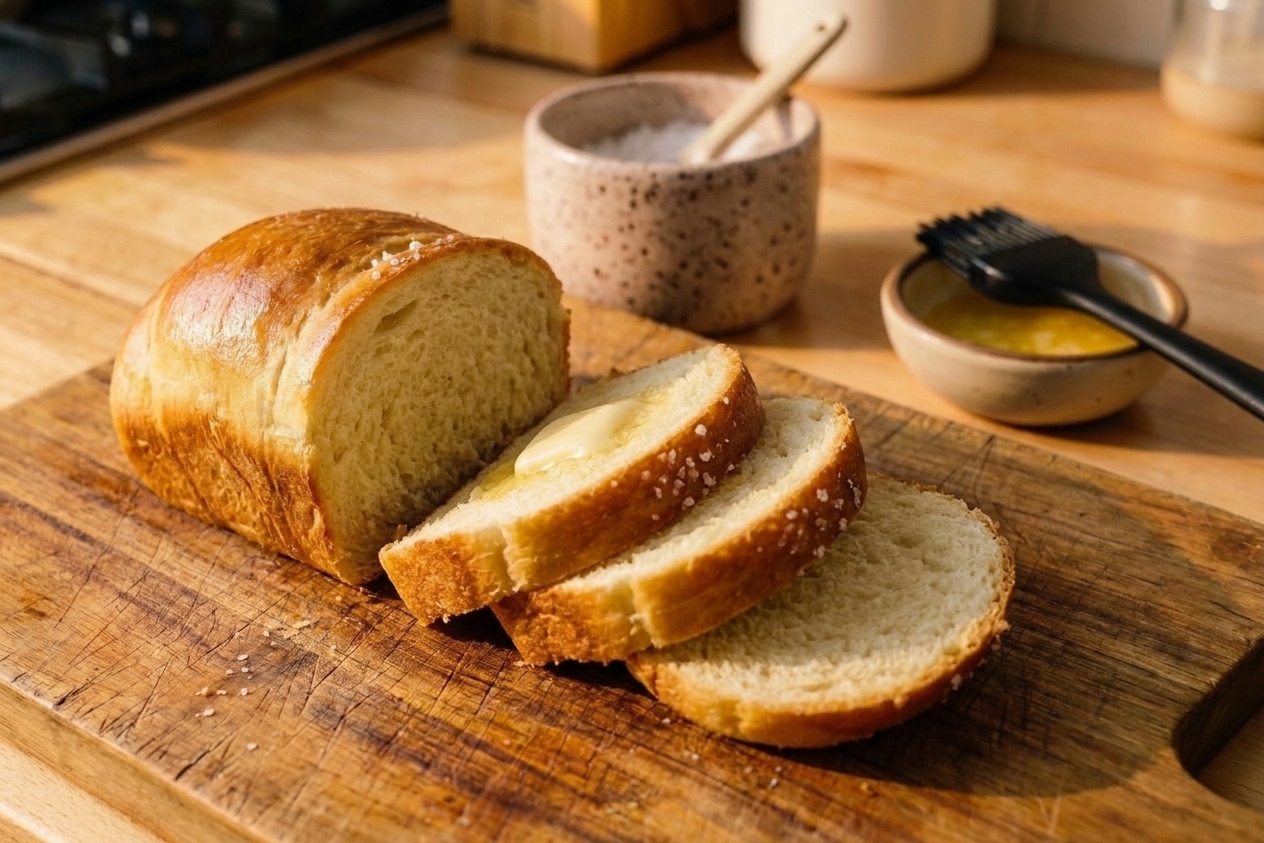 Slices of soft salt bread fanned on a wooden cutting board with a fluffy crumb and a lightly salted buttery crust