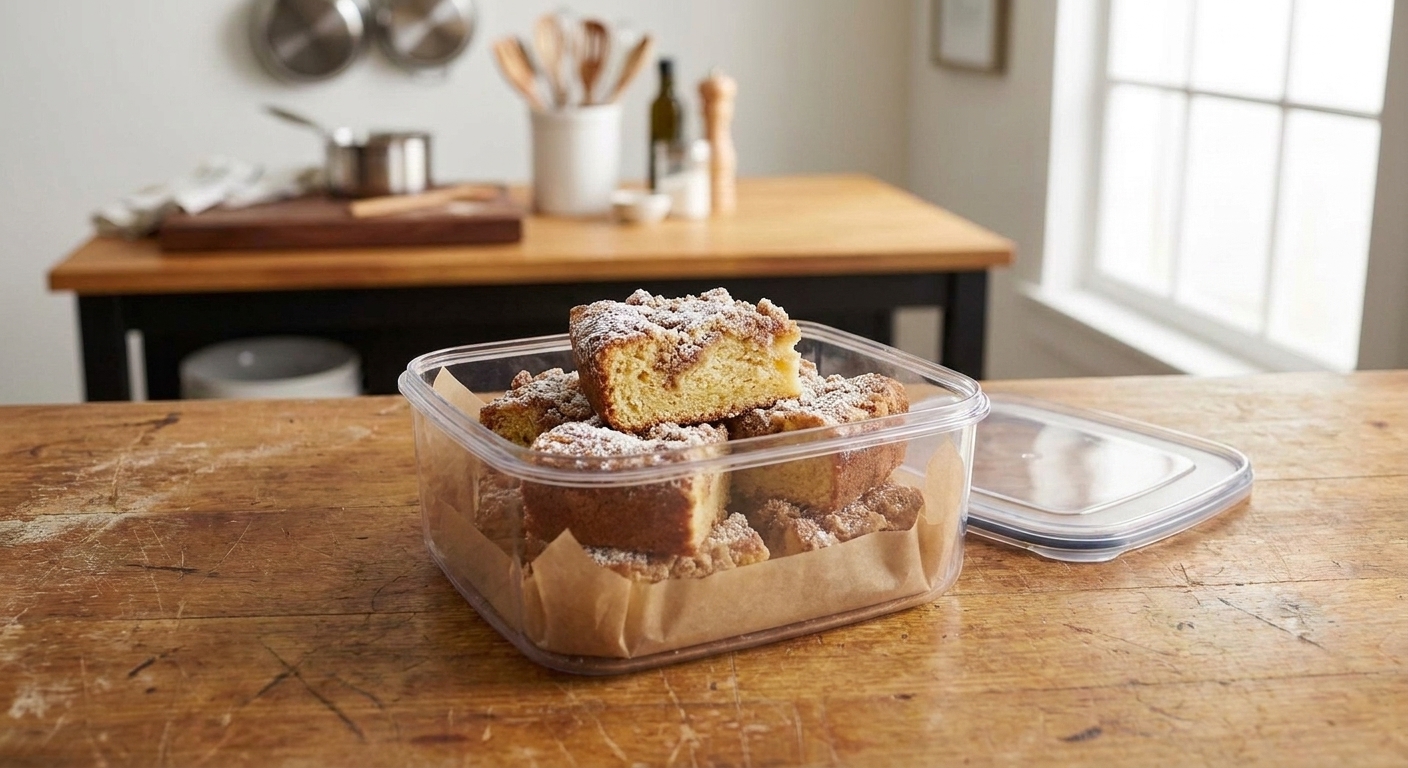 Slices of sour cream coffee cake stacked in an airtight container lined with parchment paper on a kitchen counter