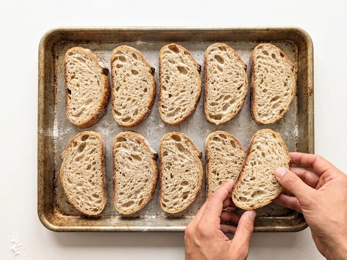Slices of sourdough bread laid in a single layer on a baking sheet ready to be frozen