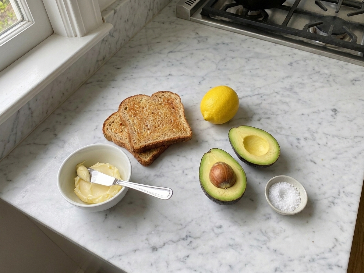 Slices of sprouted grain Ezekiel bread, a small bowl of butter, avocado, lemon, and a pinch bowl of flaky salt arranged on a clean kitchen counter in natural light