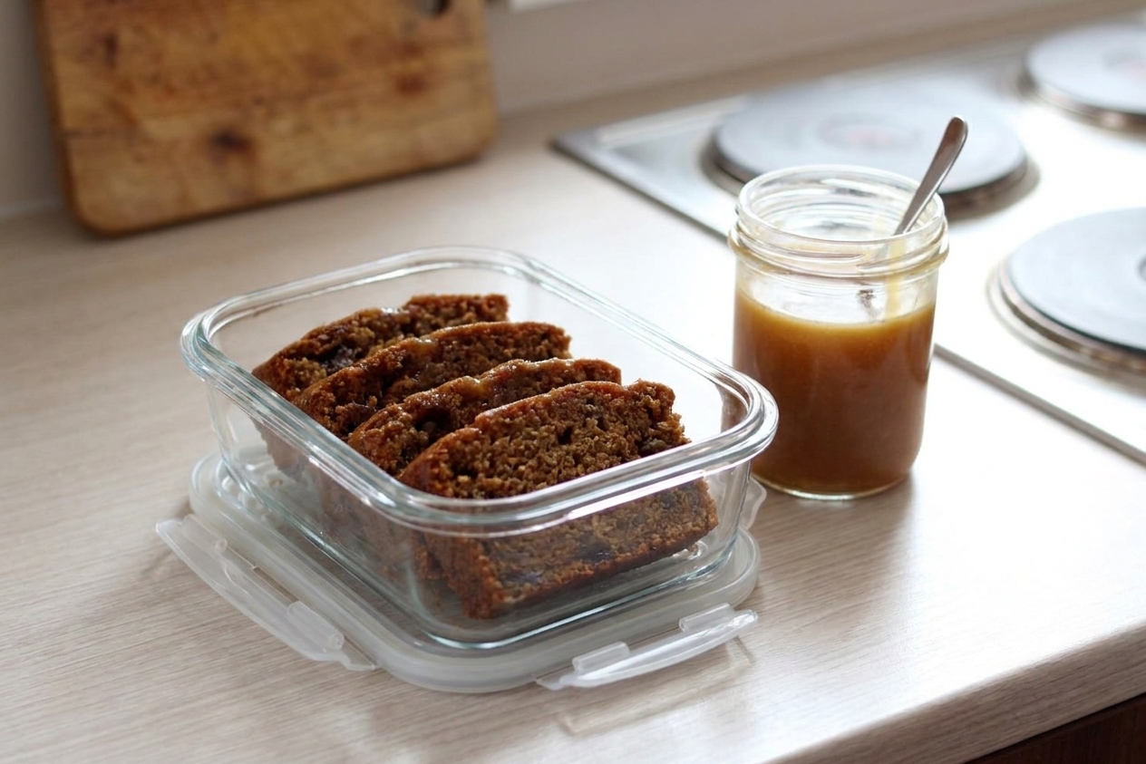 Slices of sticky date pudding stored in a glass airtight container on a kitchen counter with a small jar of toffee sauce next to it