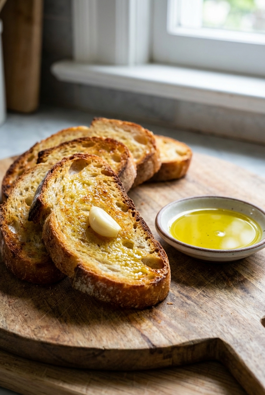 Slices of toasted crusty bread rubbed with garlic beside a small dish of olive oil