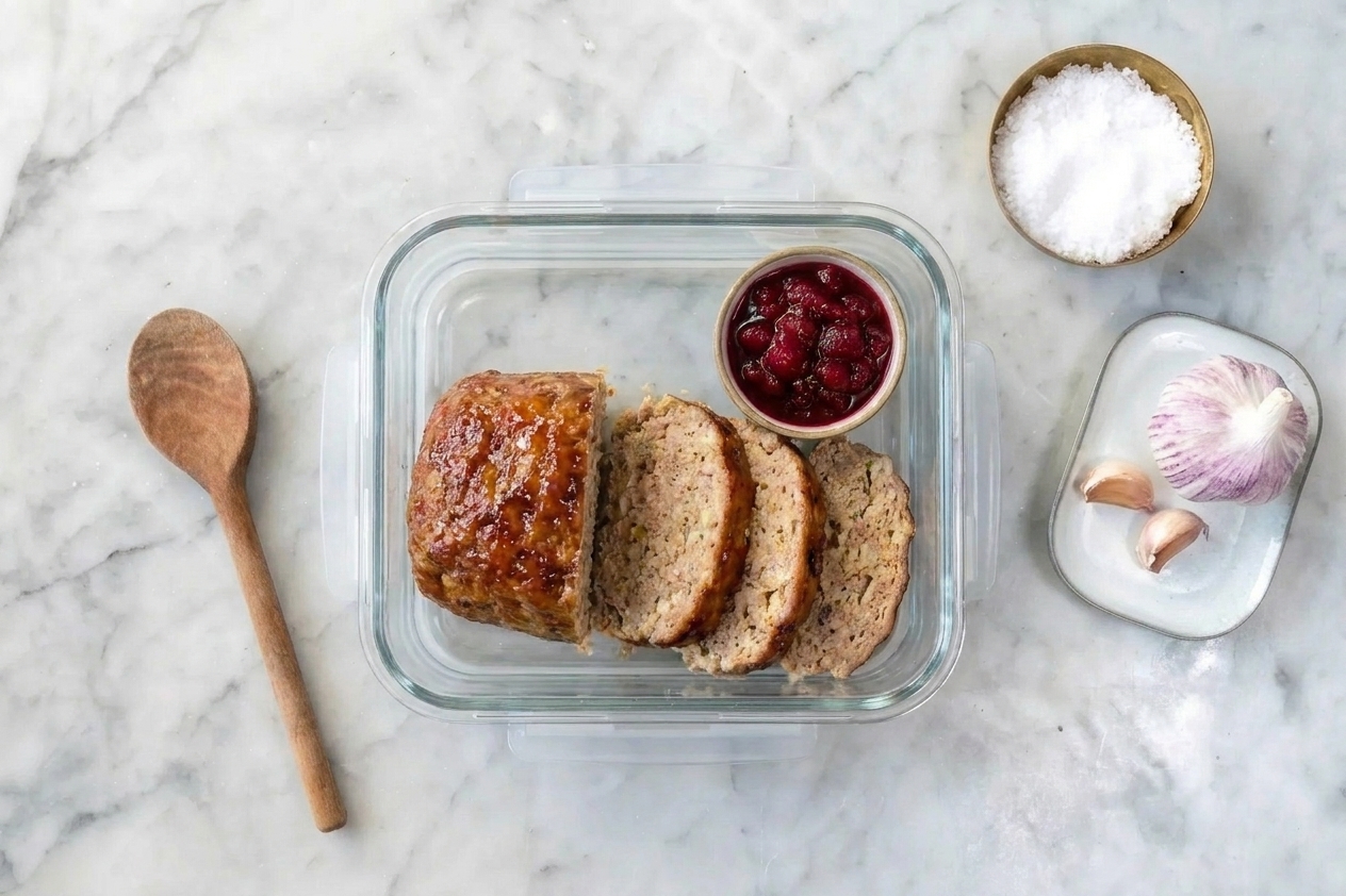 Slices of turkey loaf stored in a glass meal prep container with a small cup of glaze