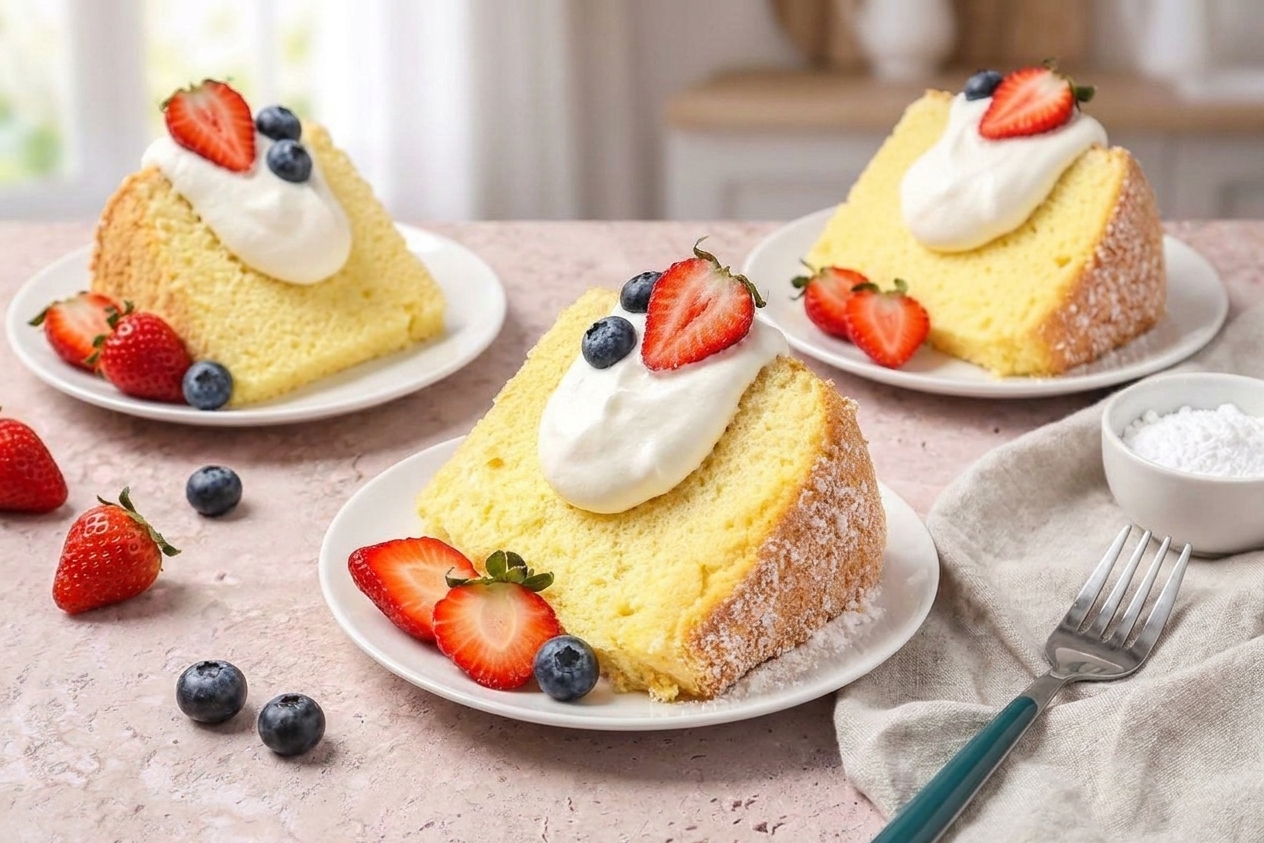 Slices of vanilla chiffon cake served with whipped cream and fresh berries on a simple table setting