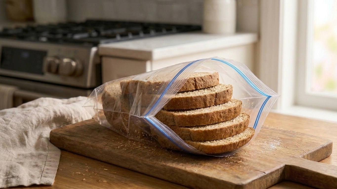 Slices of whole wheat bread stacked inside a partially open zip-top freezer bag on a kitchen counter