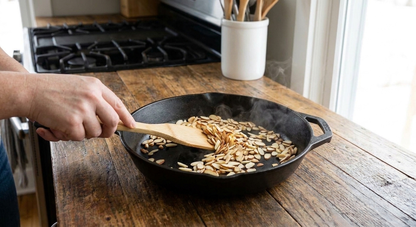 Slivered almonds toasting in a dry skillet on a stovetop, turning light golden brown in a home kitchen