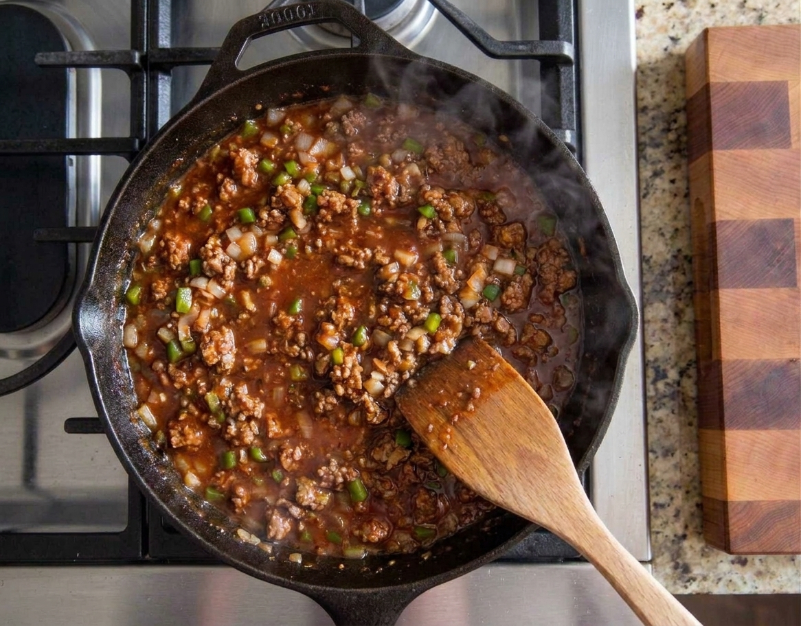 Sloppy joe mixture simmering in a skillet, sauce bubbling gently and thickening around the beef and diced vegetables