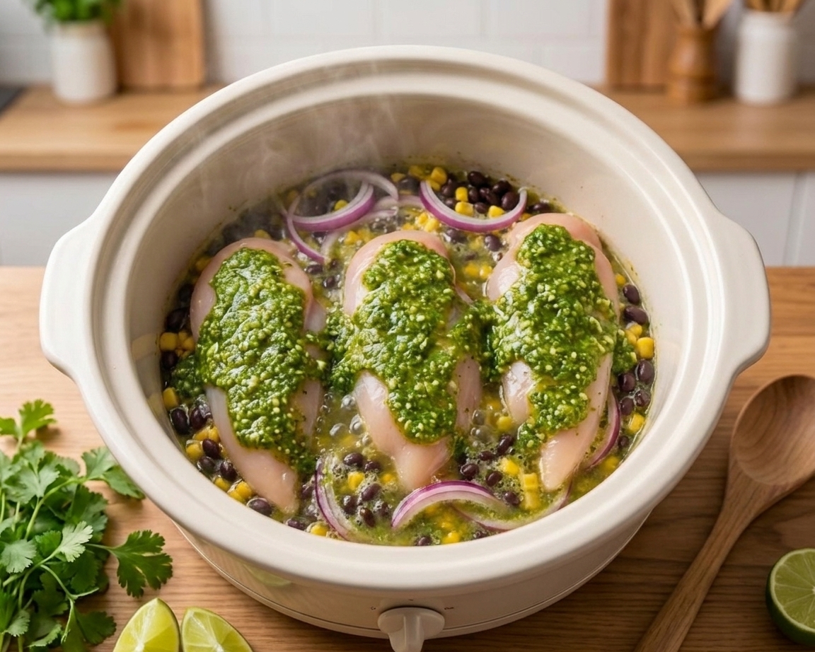 Slow cooker filled with bubbling salsa verde chicken mixture partway through cooking