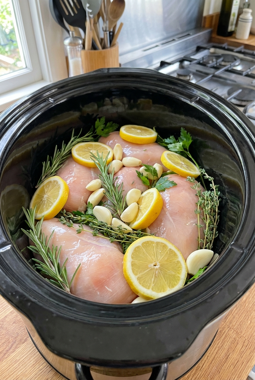 Slow cooker filled with chicken breasts, lemon slices, garlic, and herbs before cooking