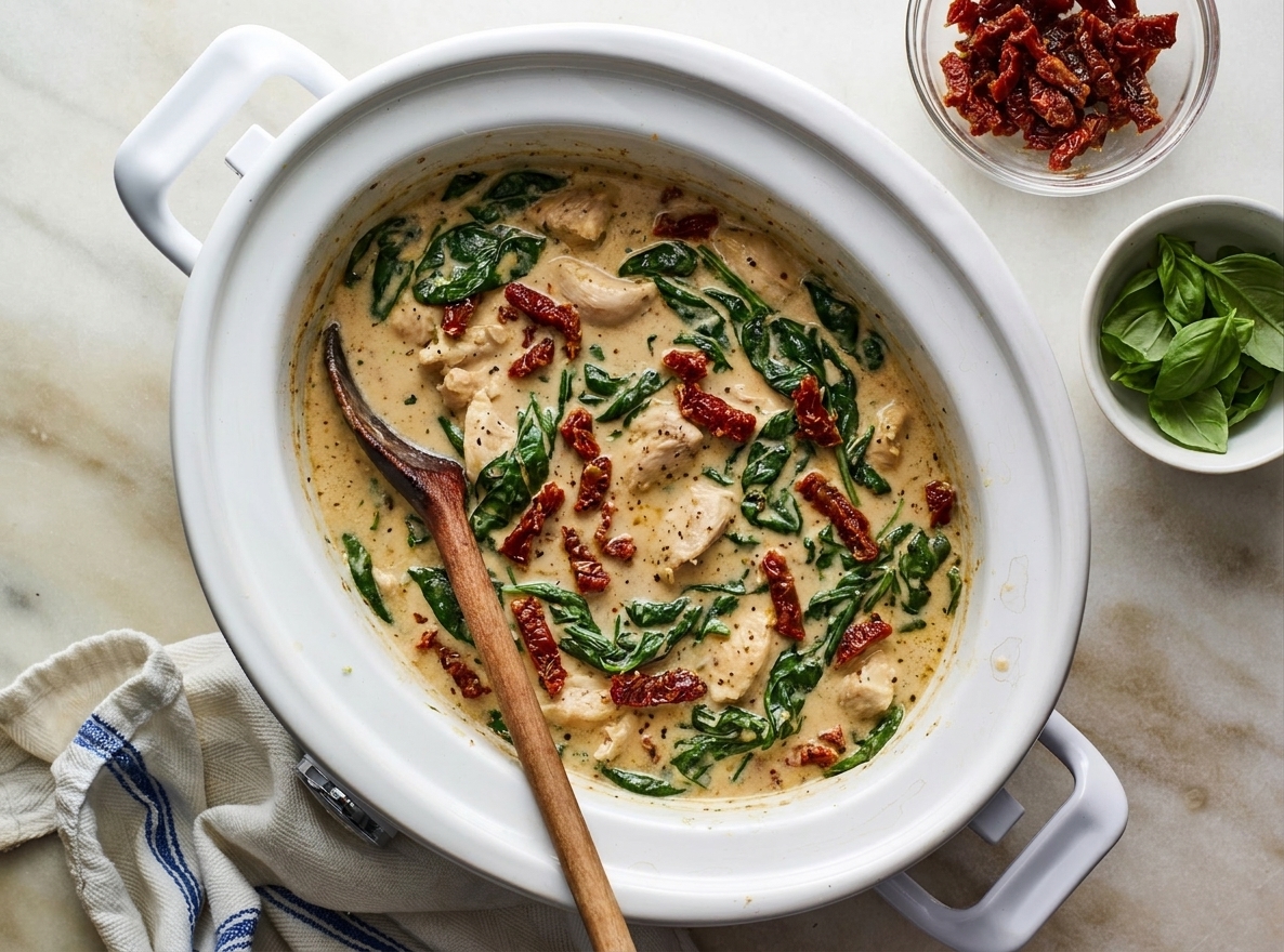 Slow cooker filled with creamy chicken sauce with wilted spinach and sun-dried tomatoes, seen from above
