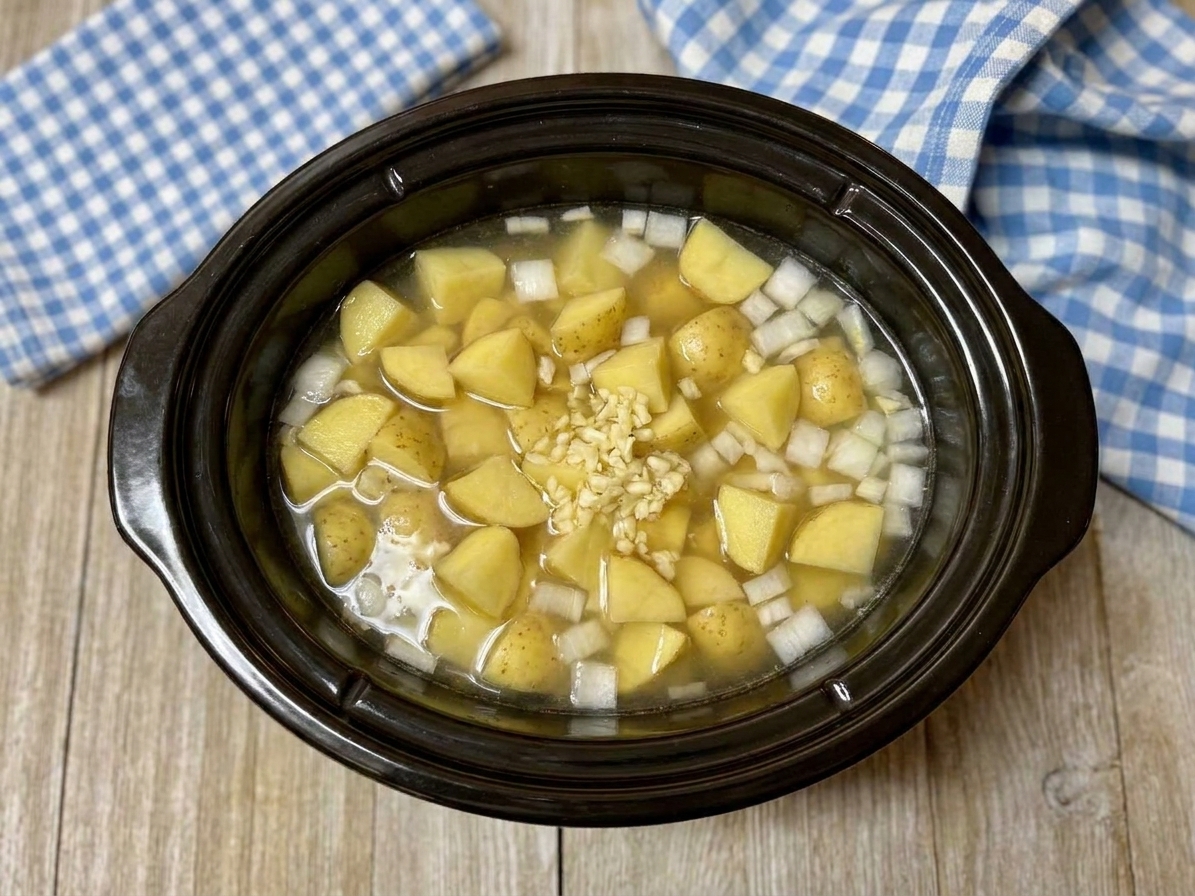 Slow cooker insert filled with chopped potatoes, onion, garlic, and broth before cooking
