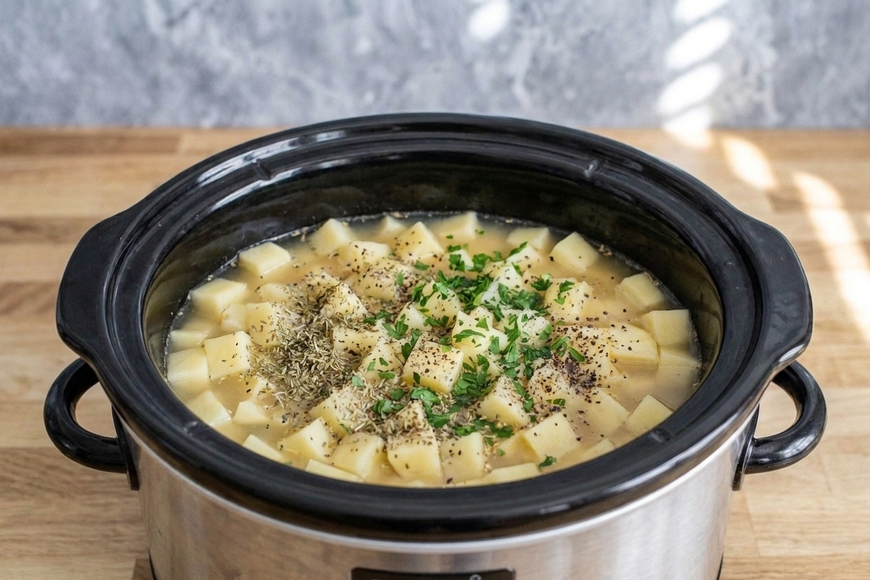 Slow cooker insert filled with cubed potatoes and broth with seasonings scattered on top