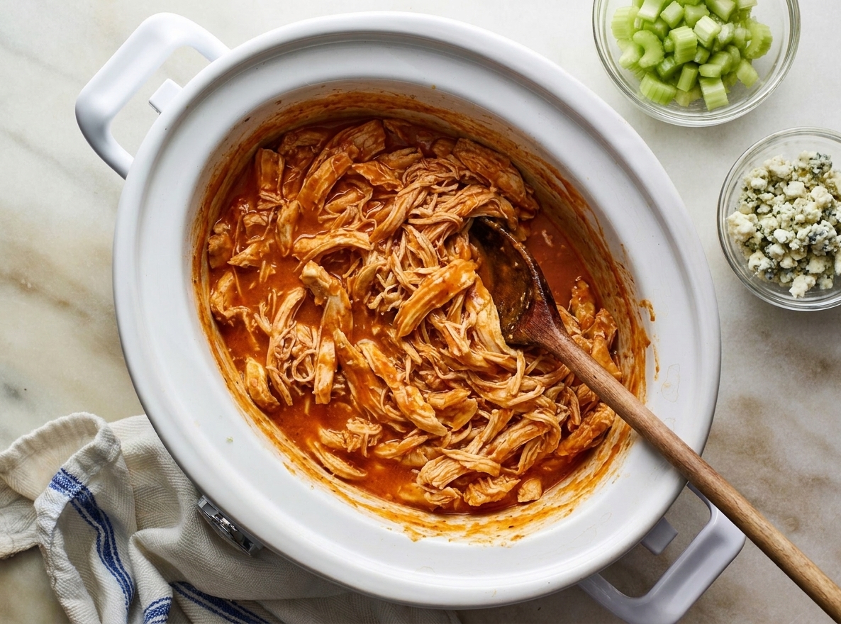 Slow cooker insert with shredded buffalo chicken being stirred with a wooden spoon