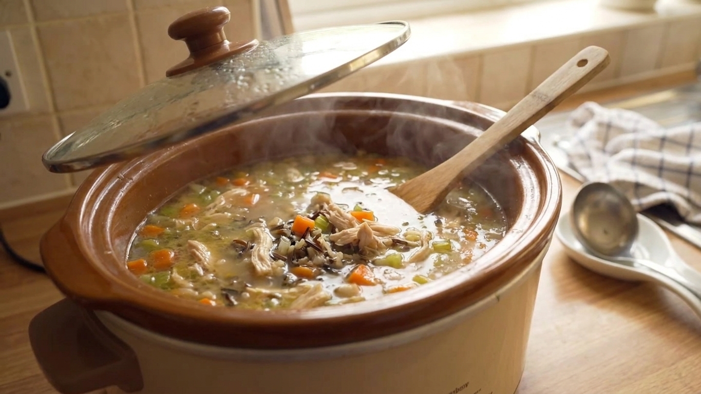 Slow cooker on a kitchen counter with brothy chicken and wild rice soup gently simmering inside, lid propped slightly