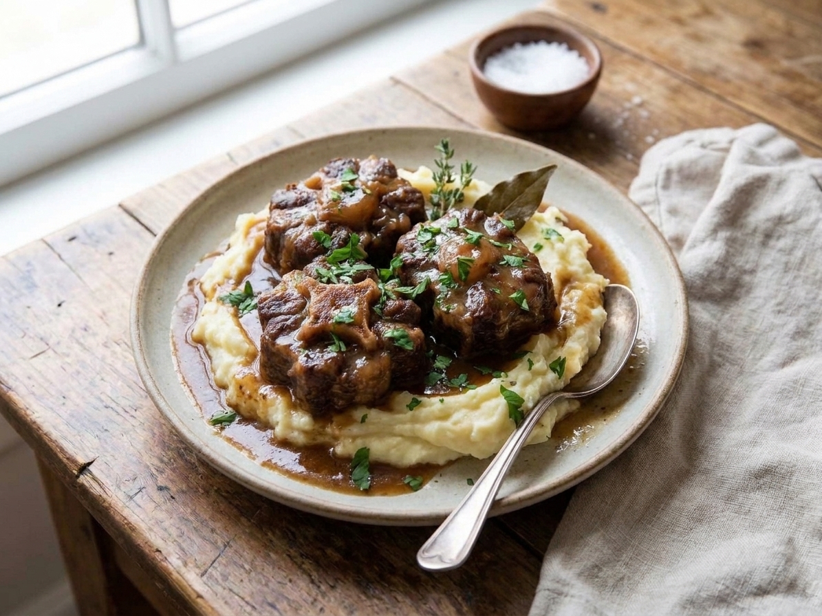 Slow cooker oxtail and rich brown gravy spooned over creamy mashed potatoes on a white plate with parsley sprinkled on top
