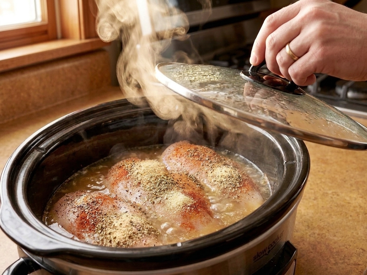 Slow cooker with chicken cooking in broth, lid slightly lifted with steam rising in a home kitchen