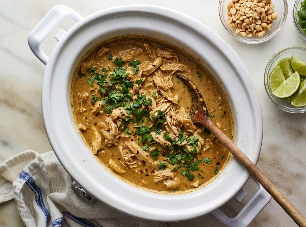 Slow cooker with chicken thighs in a creamy peanut coconut sauce, garnished with chopped cilantro