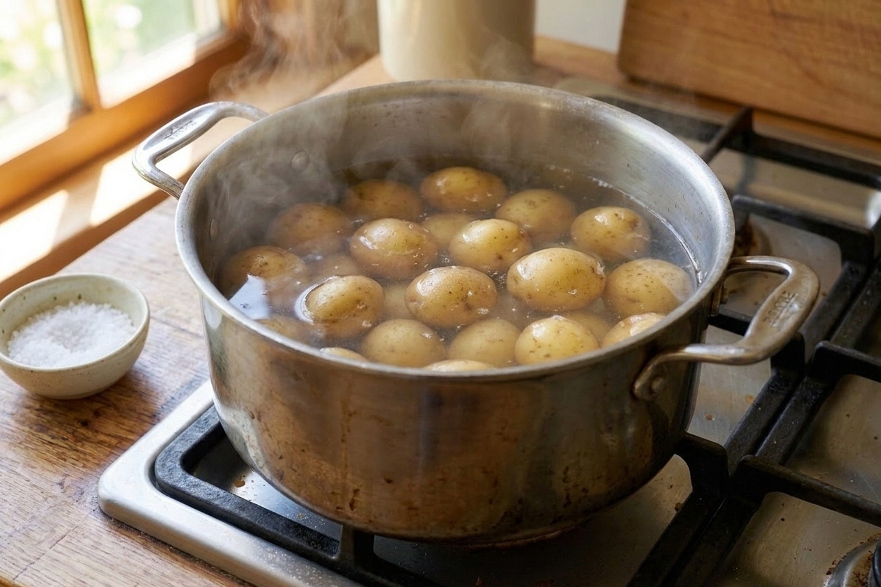 Small Yukon Gold potatoes simmering in a large pot of salted water on a home stove, steam rising in warm kitchen light