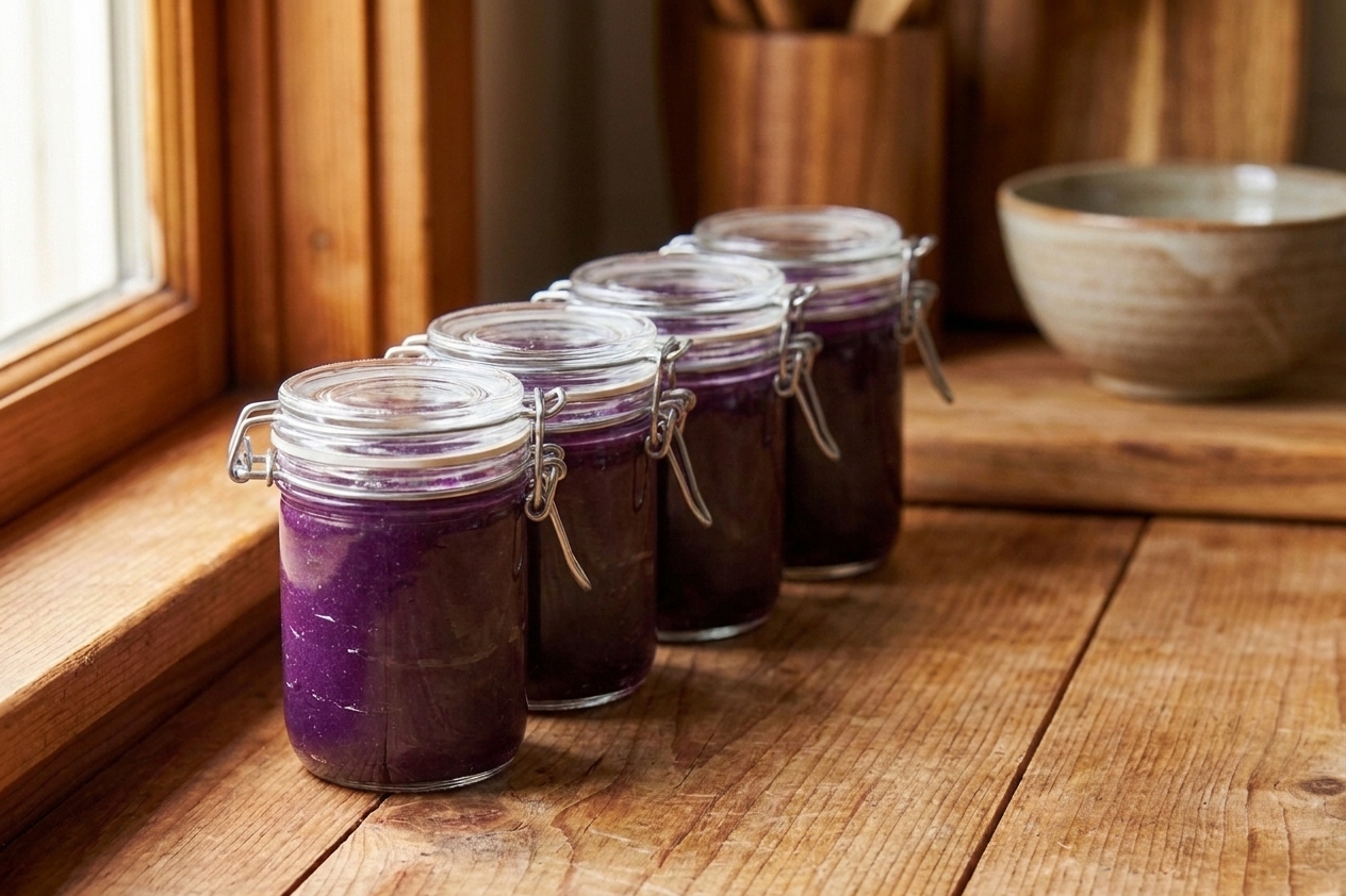 Small airtight containers filled with ube halaya lined up on a kitchen counter, ready for the refrigerator or freezer