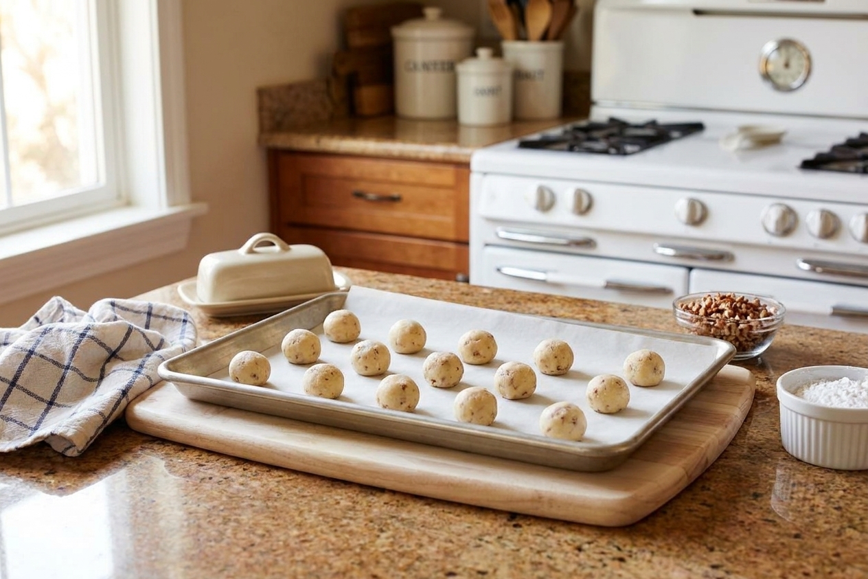 Small balls of snowball cookie dough portioned on a parchment lined baking sheet on a cozy kitchen counter