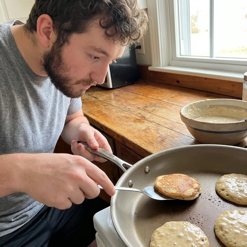 Small banana oat pancakes cooking in a nonstick skillet with lightly set edges and a few bubbles on top, a thin spatula sliding underneath one pancake, realistic food photography