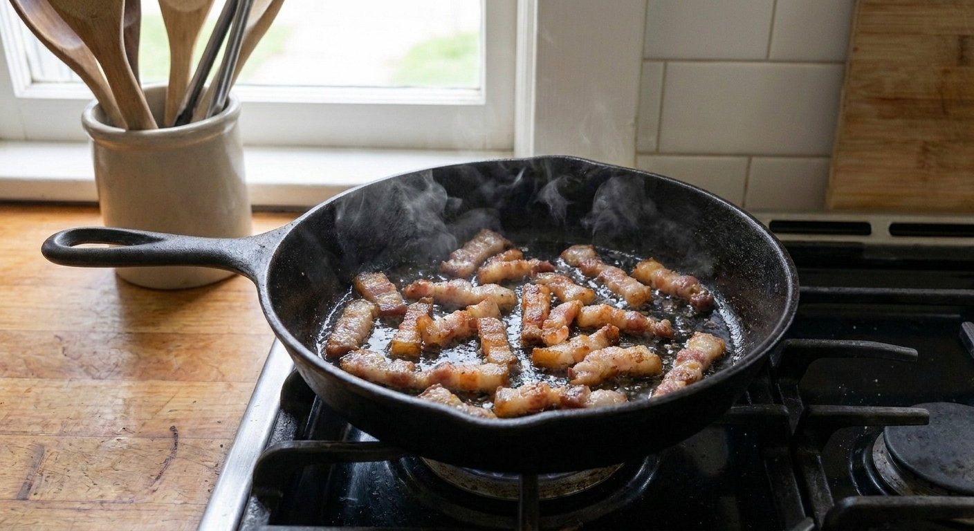 Small batons of guanciale rendering in a skillet on the stove as the fat bubbles and the edges turn golden