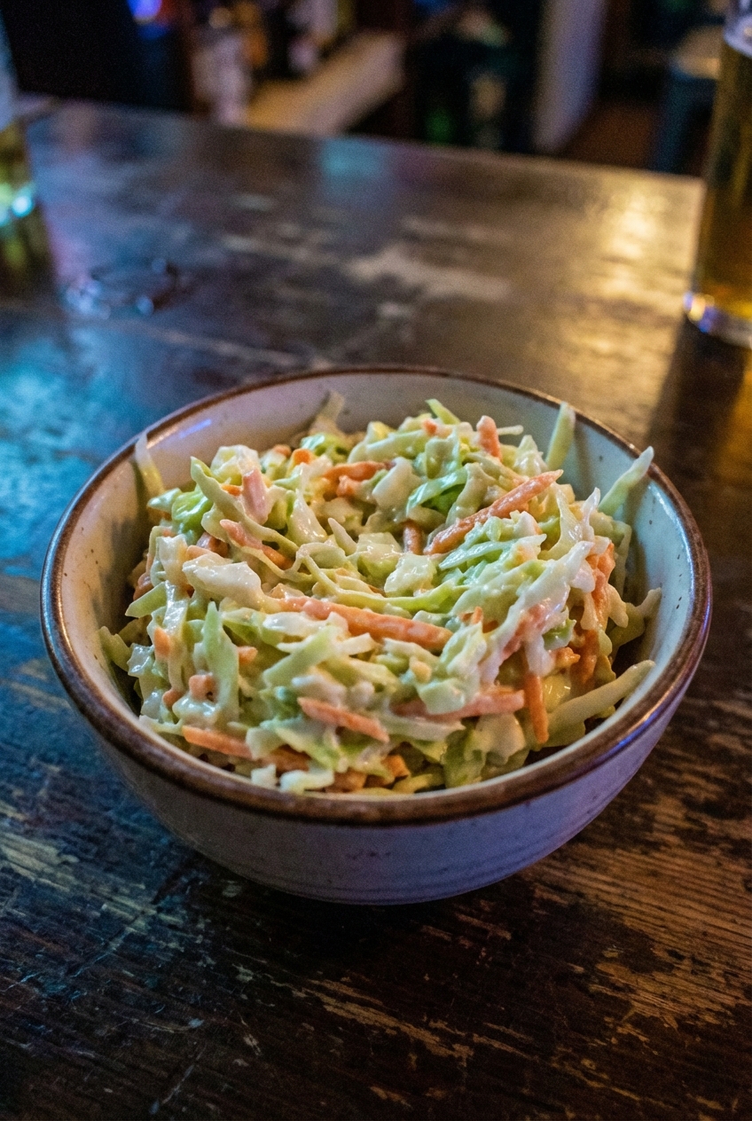 Small bowl of creamy coleslaw with green cabbage and carrots