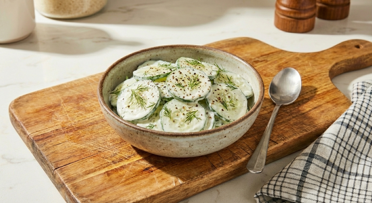 Small bowl of creamy cucumber salad with dill