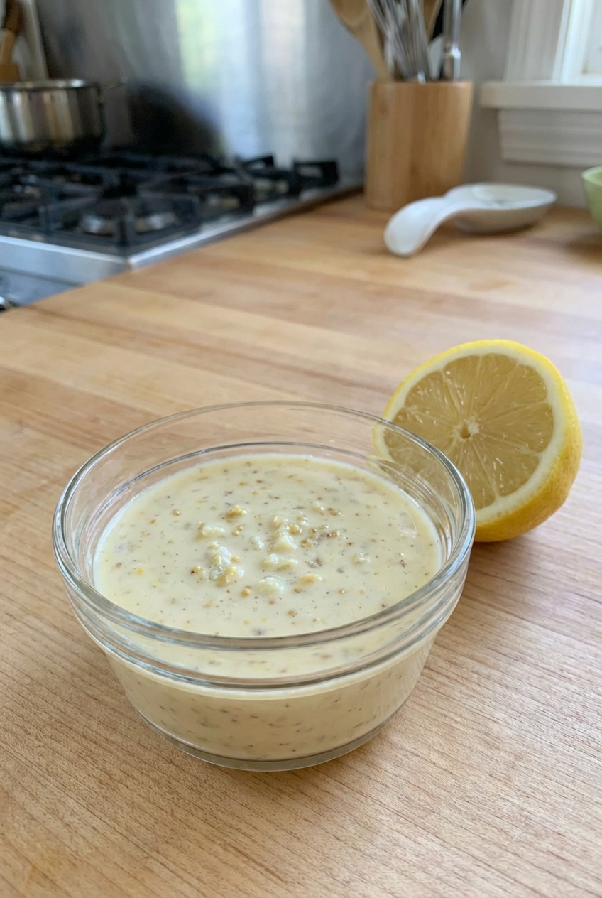 Small bowl of lemon-garlic dressing with Dijon mustard and minced garlic on a countertop next to a cut lemon