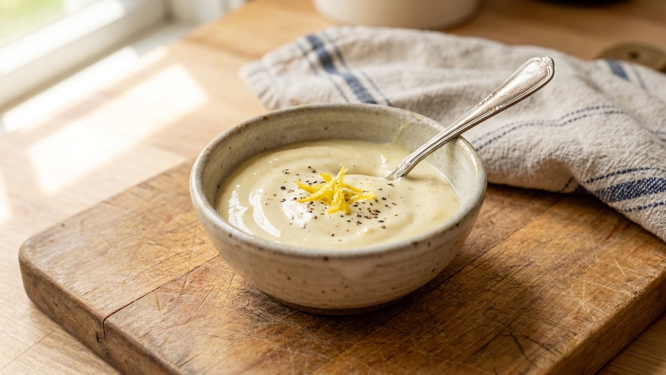 Small bowl of lemony Dijon mayo sauce with a spoon on a wooden cutting board in a softly lit kitchen
