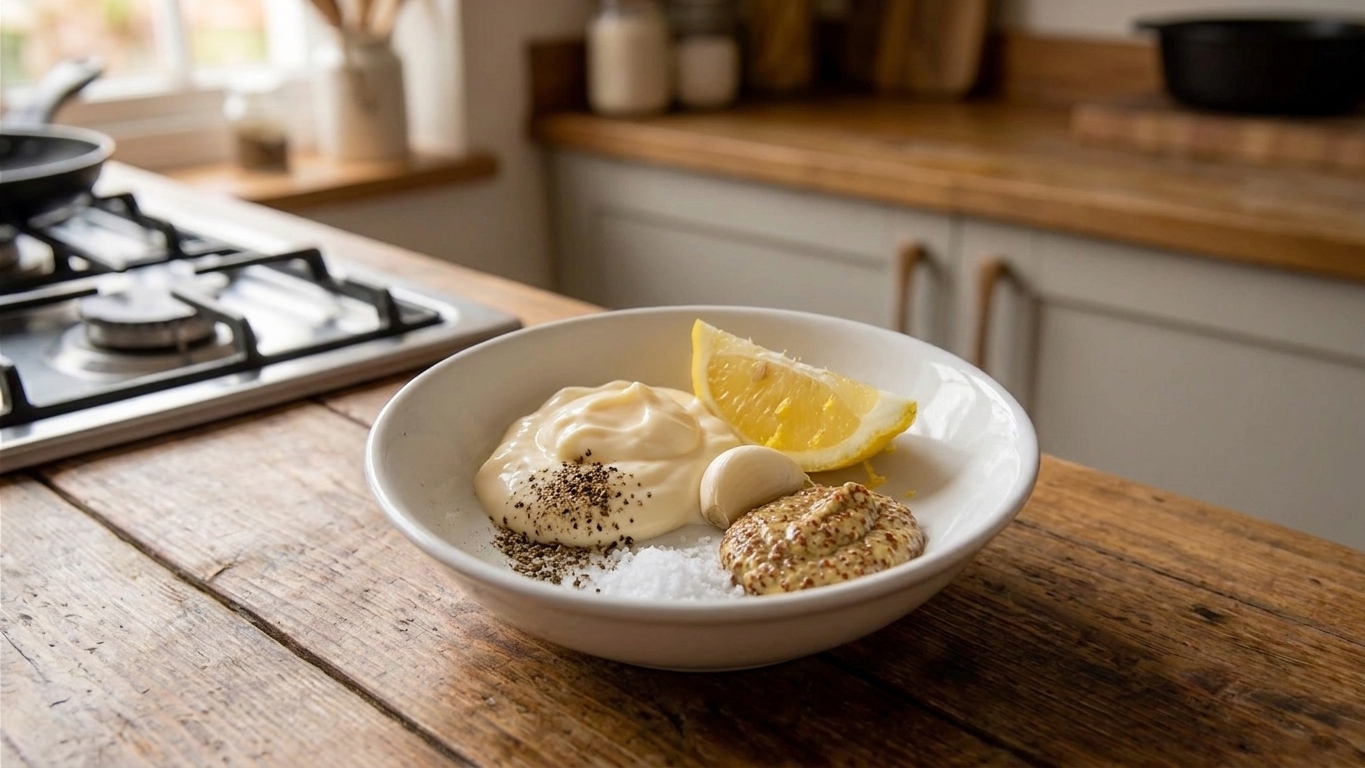 Small bowl of mayonnaise with lemon, garlic clove, Dijon mustard, salt, and pepper on a kitchen counter ready to be mixed