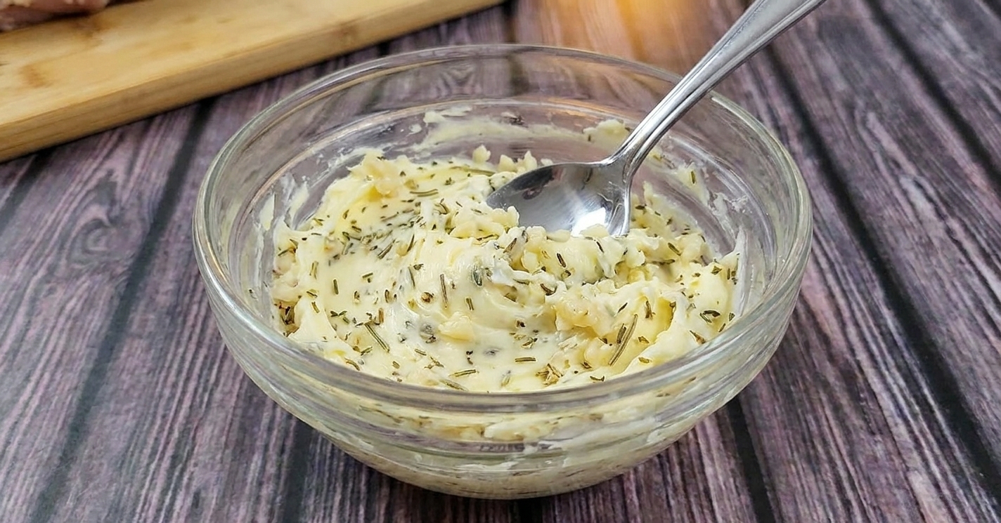 Small bowl of softened butter mixed with minced garlic and dried herbs, with a spoon resting inside on a kitchen counter