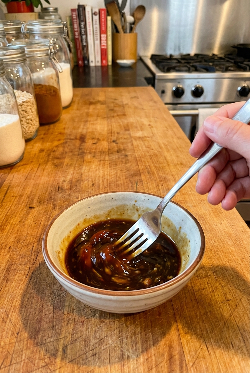 Small bowl of soy sauce mixture with rice vinegar, hoisin, and sriracha being whisked with a fork on a countertop