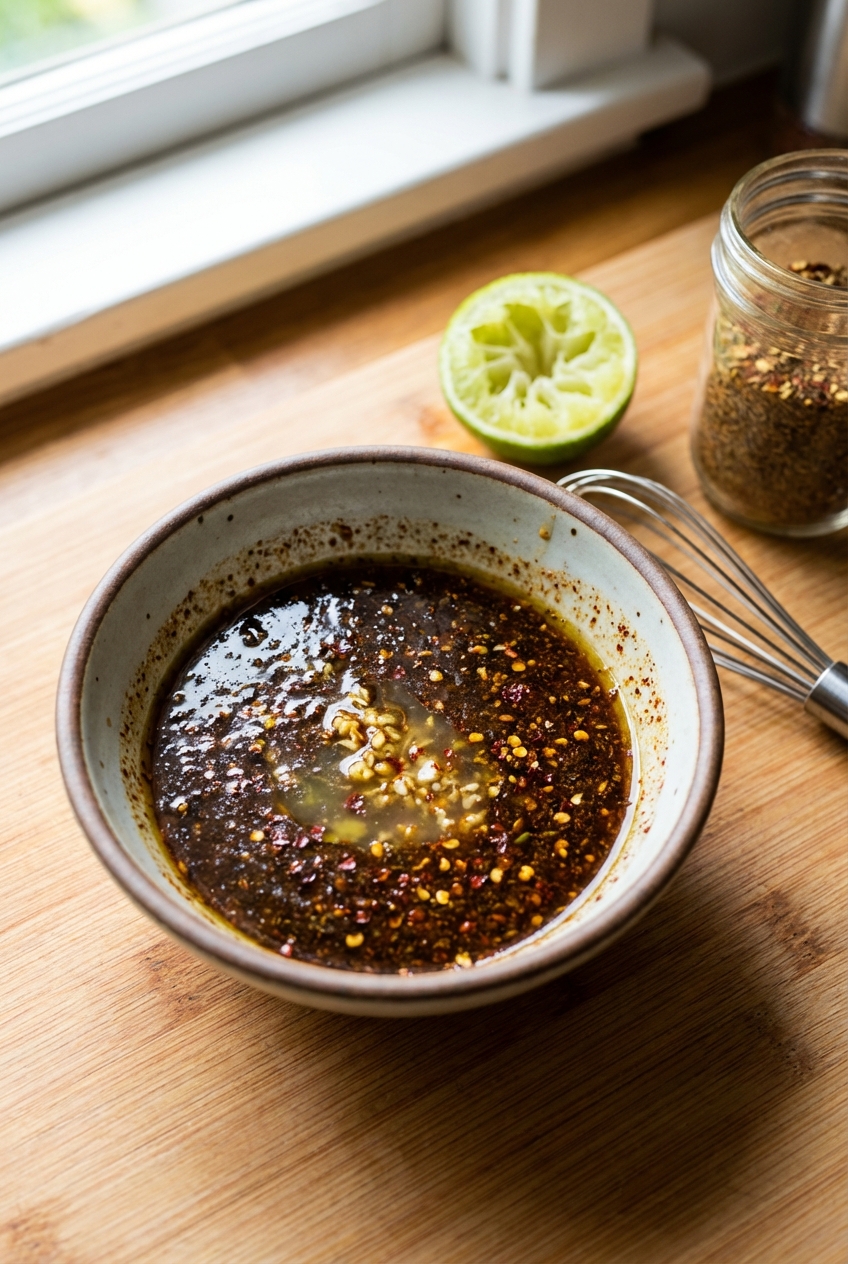 Small bowl of steak fajita marinade with lime juice, spices, and minced garlic on a kitchen counter