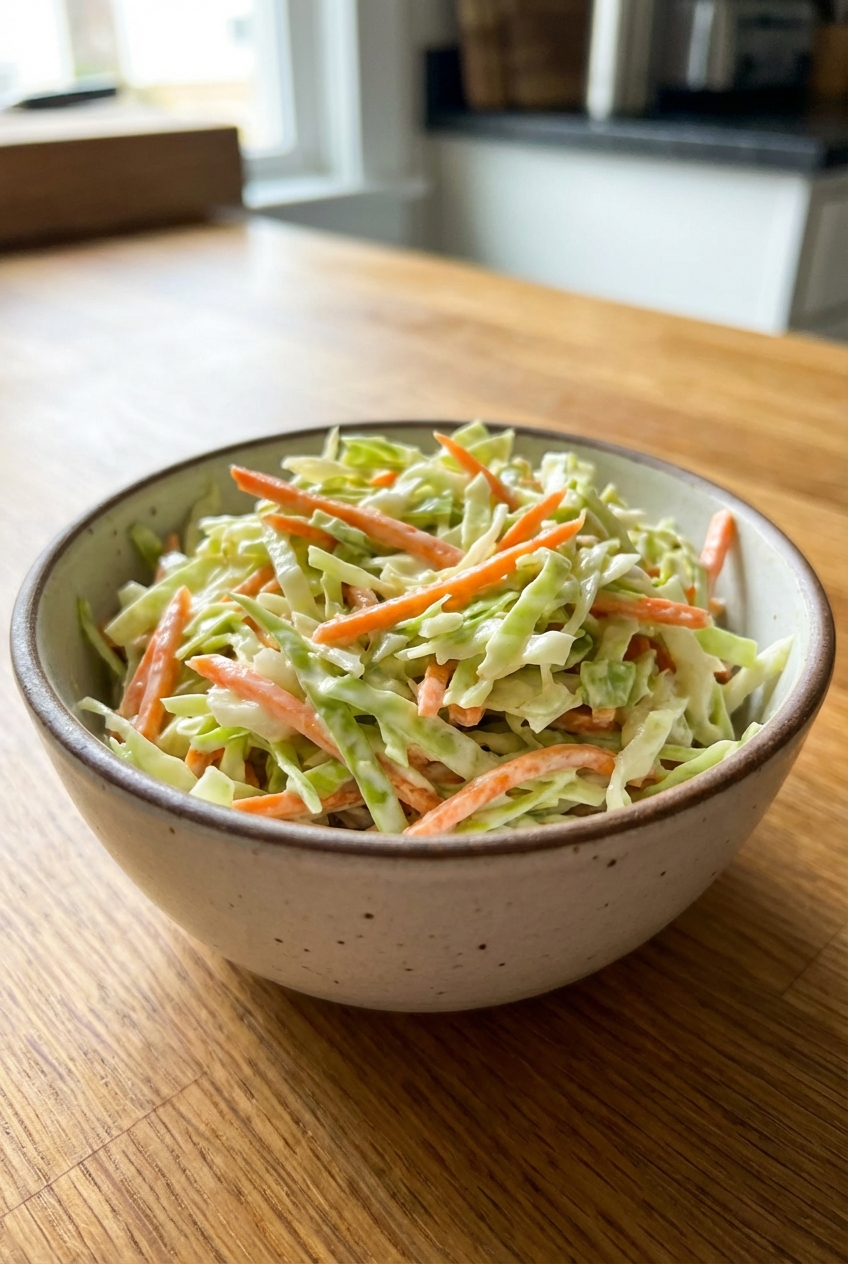 Small bowl of tangy coleslaw with green cabbage and carrots in a creamy dressing