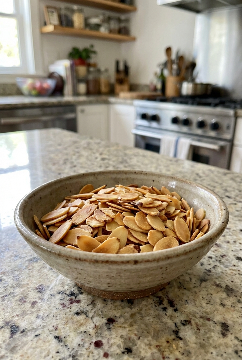 Small bowl of toasted sliced almonds on a countertop