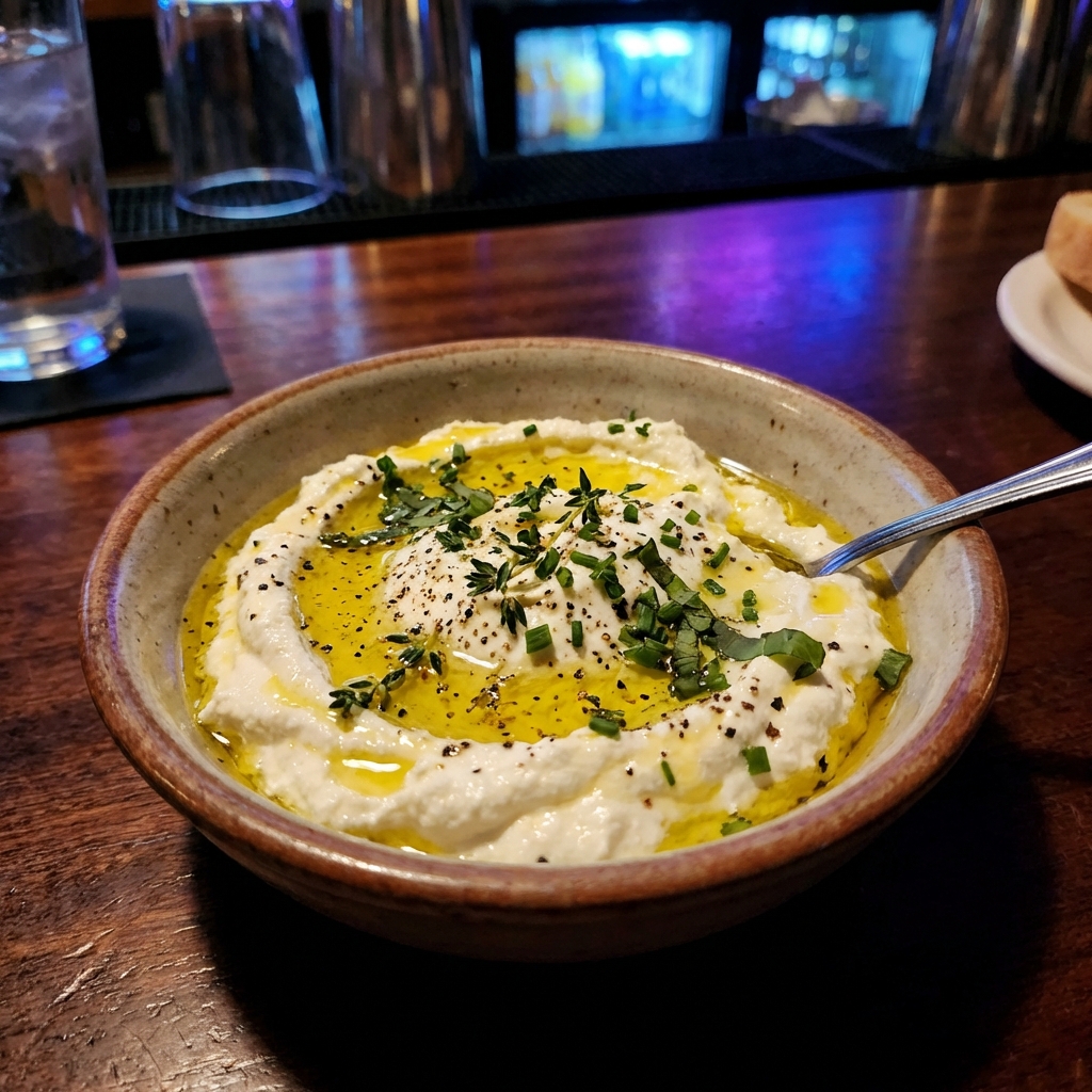 Small bowl of whipped ricotta topped with olive oil, black pepper, and herbs