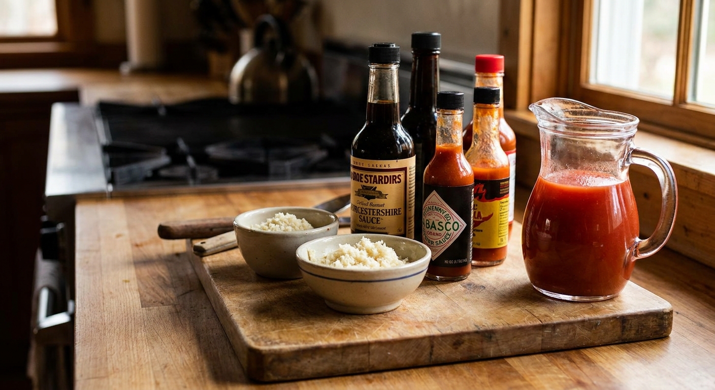 Small bowls and bottles of horseradish, Worcestershire sauce, and hot sauce set out on a kitchen counter ready to be mixed into tomato juice
