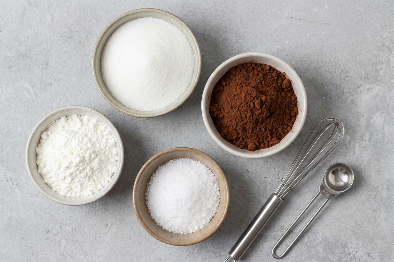 Small bowls containing sugar, cocoa powder, cornstarch, and salt measured out on a counter, ready to mix