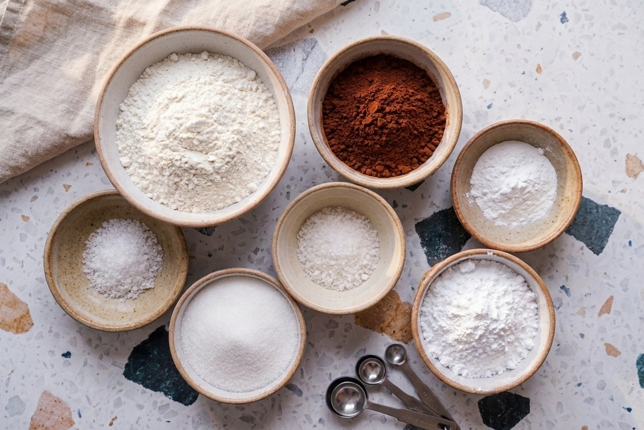Small bowls holding flour, cocoa powder, baking powder, salt, granulated sugar, and powdered sugar arranged neatly on a kitchen counter