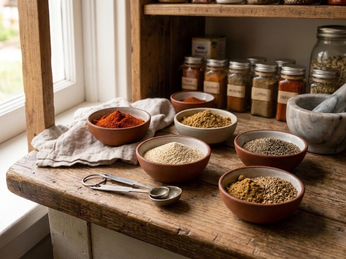 Small bowls holding measured paprika, celery salt, black pepper, and other ground spices on a kitchen counter