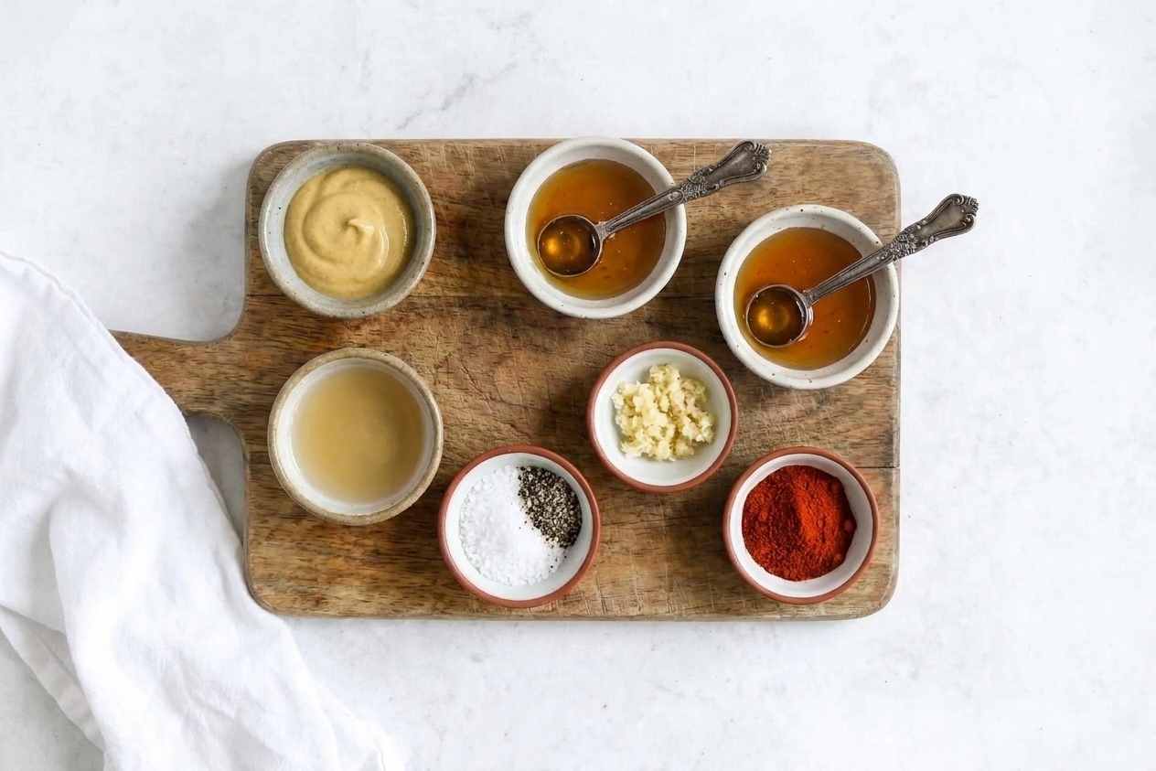 Small bowls of Dijon mustard, honey, apple cider vinegar, minced garlic, salt, pepper, and paprika arranged on a wooden cutting board on a kitchen counter